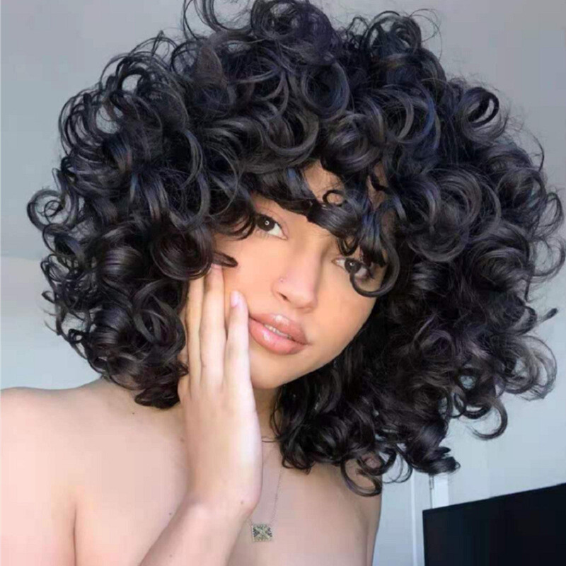 Afro Curly Kinky Wavy Wig with Bangs Black Glueless Afro Natural Wig Heat Safe