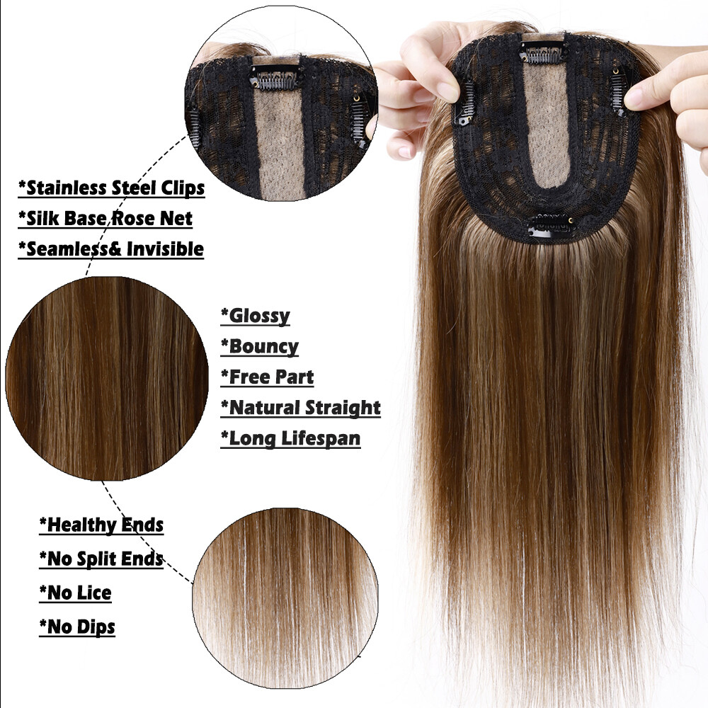 150% Topper Hairpiece Clip In Remy Human Hair Silk Top Toupee Wiglet Bangs Soft