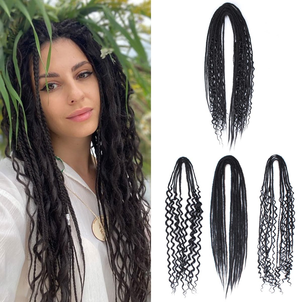 Double Ended 3 in 1 Dreadlock Extensions, 24 inch 15pcs Black Mixed Dreads Exten