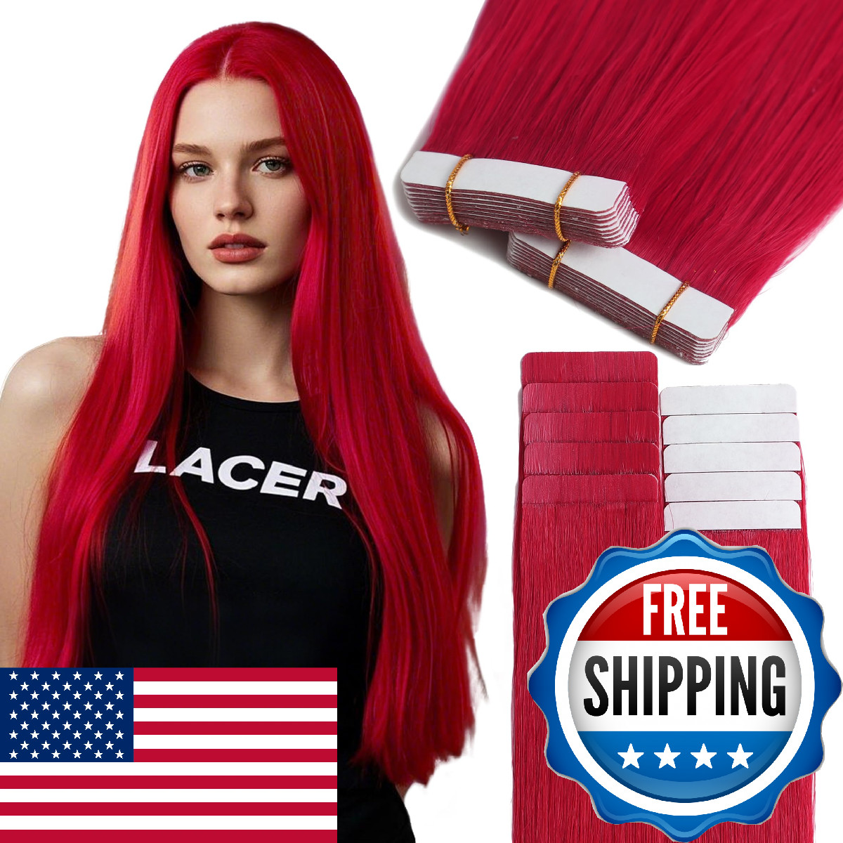 Lacer Hair Extensions Real Human Hair Tape in Red Color Invisible Tape in Hair E