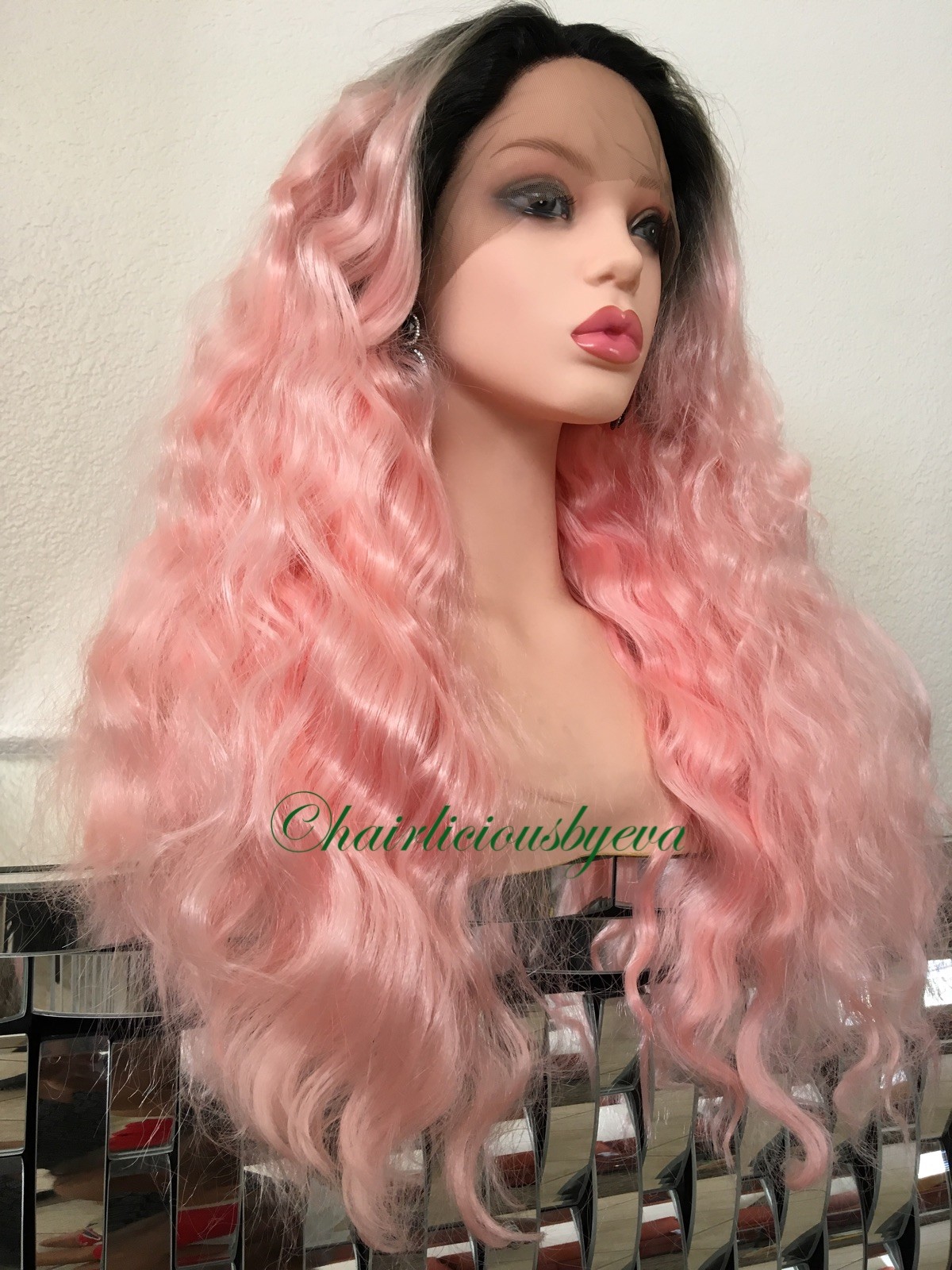 Pink Wig Lace Front Long Ombré Dark Roots Wavy Swiss Lace Wig Heat Resistant Ok