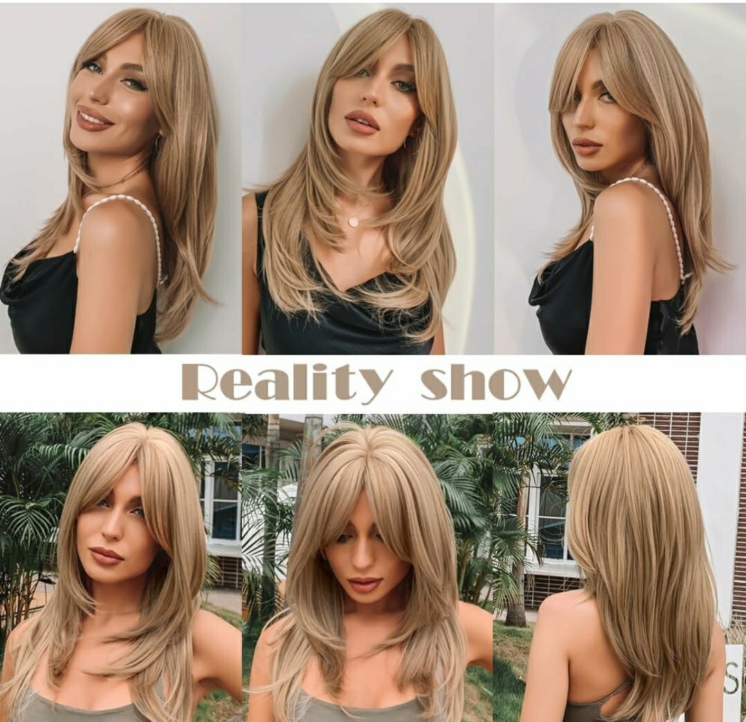 Long Strawberry Blonde Auburn Red Full Wig Human Hair blend layers bangs