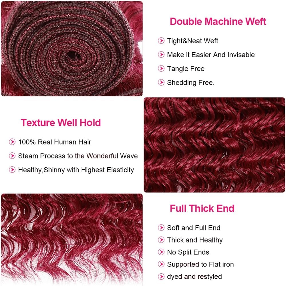 Burgundy Human Hair Bundles 99J Deep Wave 3 Bundles 16 18 20 inch 8A Brazilian U