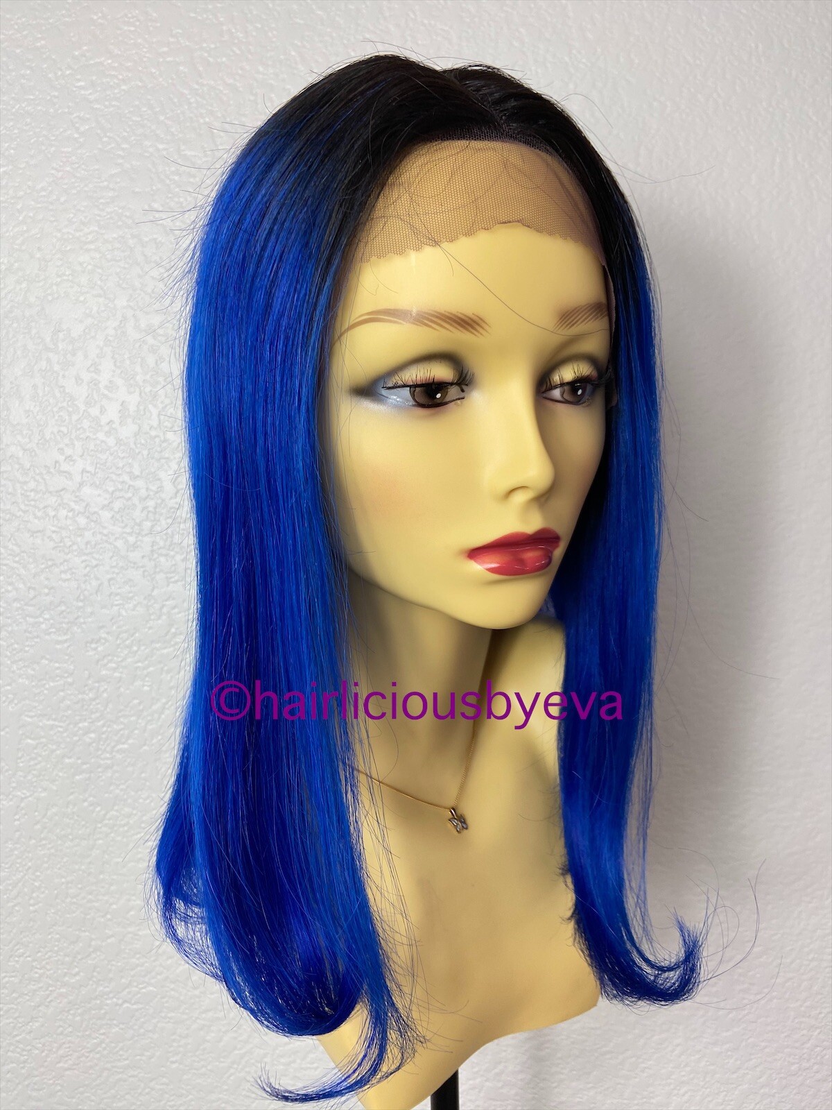 100 Percent Human Hair Wig Blue Ombré Black Lace Front Middle Part 16 Inch Long