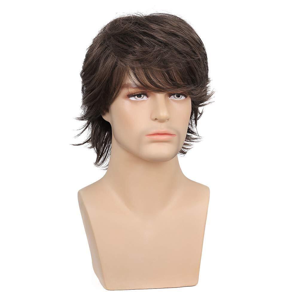 Men Short Brown Wig Natural Fluffy Synthetic Hair Wig Heat Resistant for Cosplay