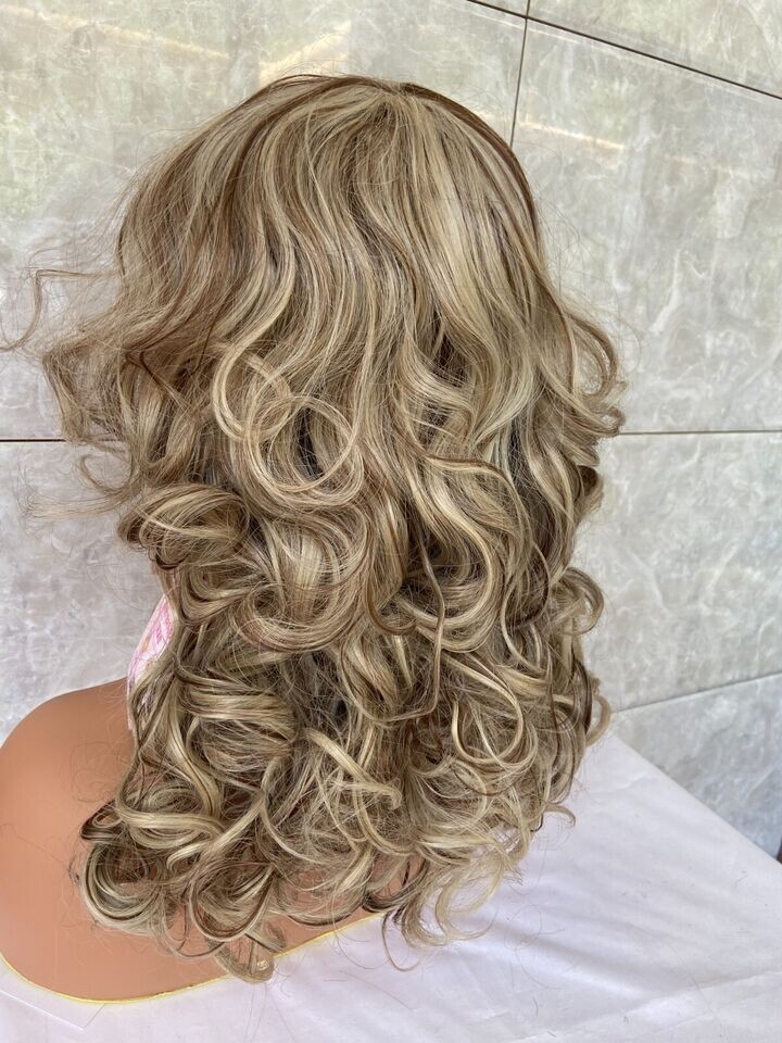 Long Wavy Curly Blonde Mix Capless Synthetic Hair Wig With Bangs Women Natural