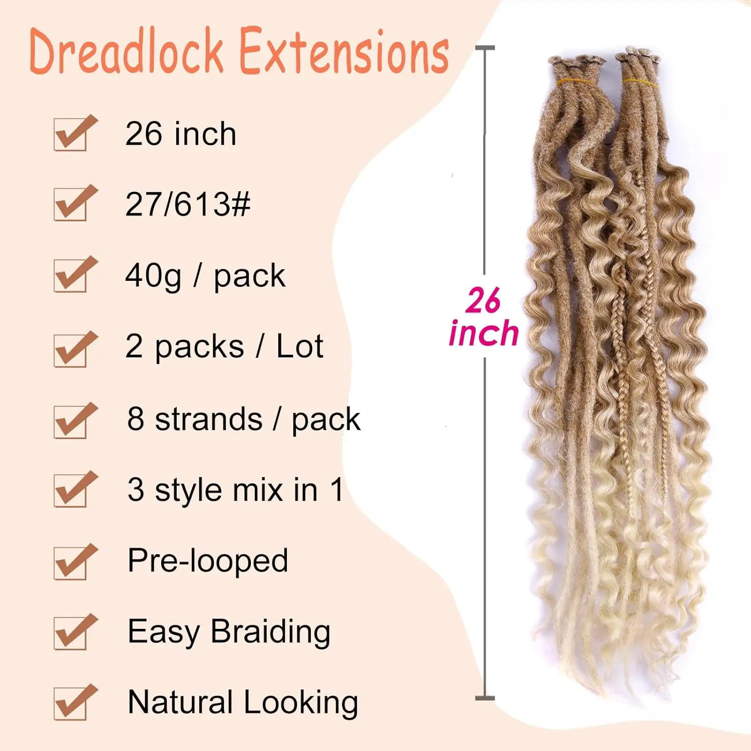 Single End Dreadlocs Braids Hair Extensions 3 In 1 Mixed Hippie Style for Women