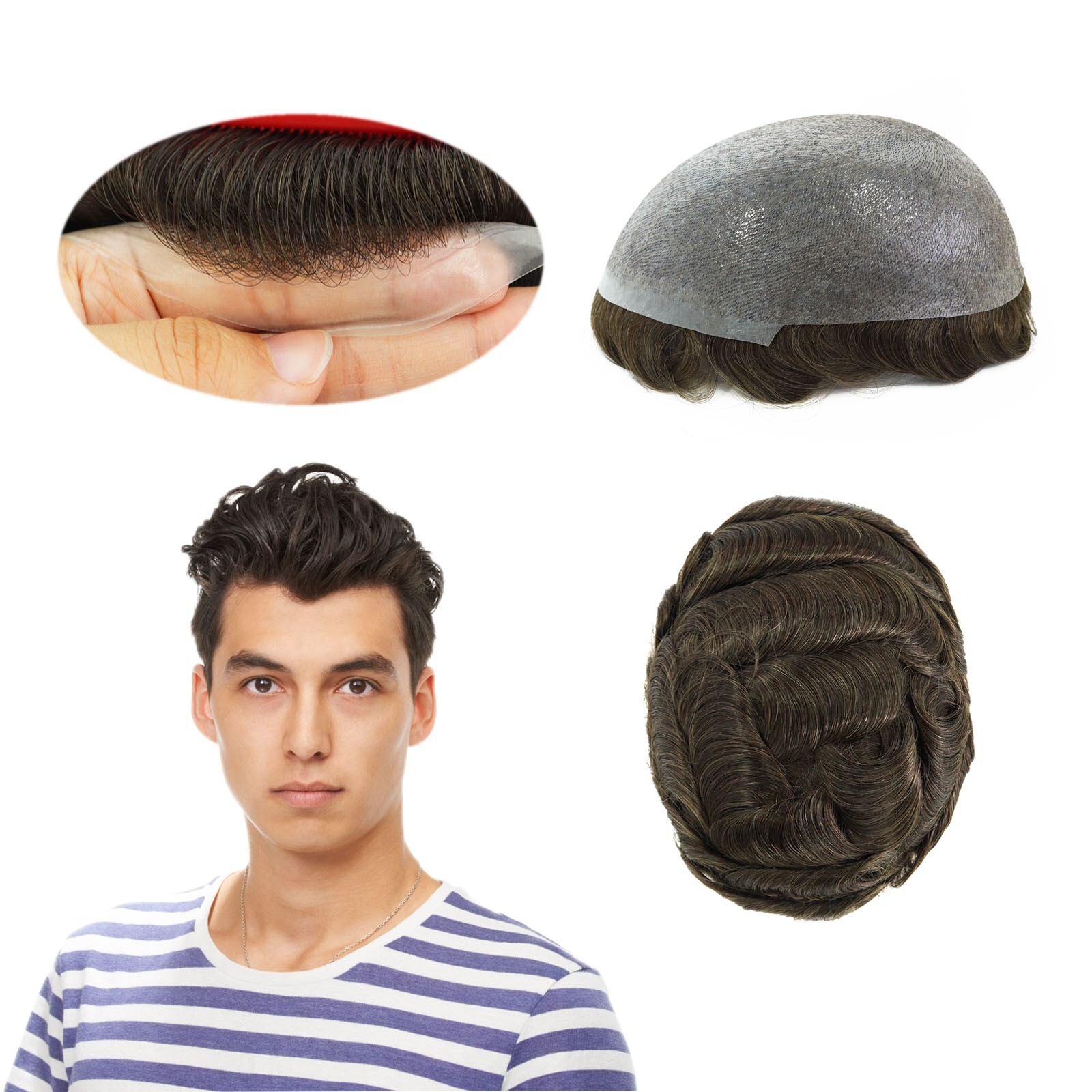 Mens Human Hair Replacement System Thin Poly Skin Toupee BIO Hair Pieces 8X10