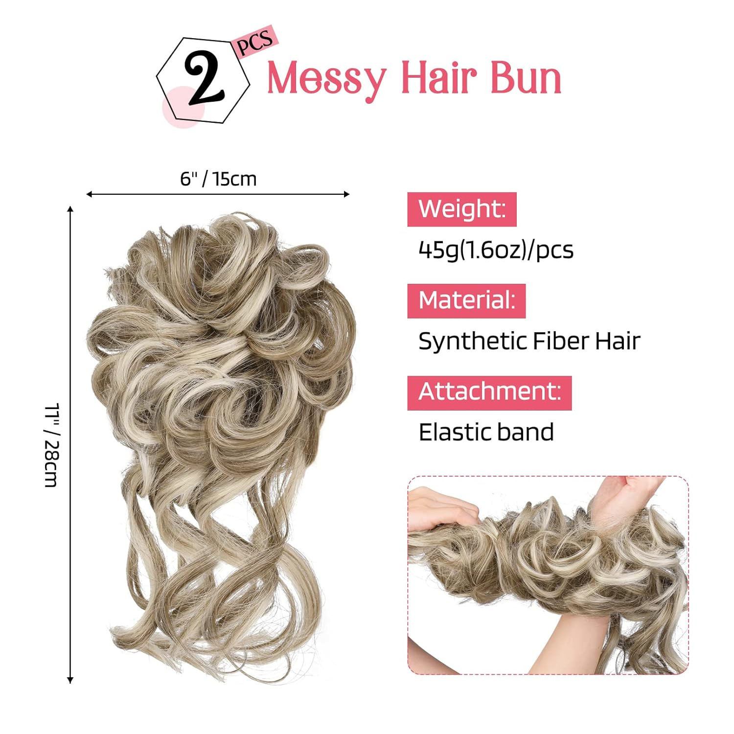 2PCS Messy Bun Hair Piece, Tousled Updo with Tendrils Hair Bun Extensions Wavy C