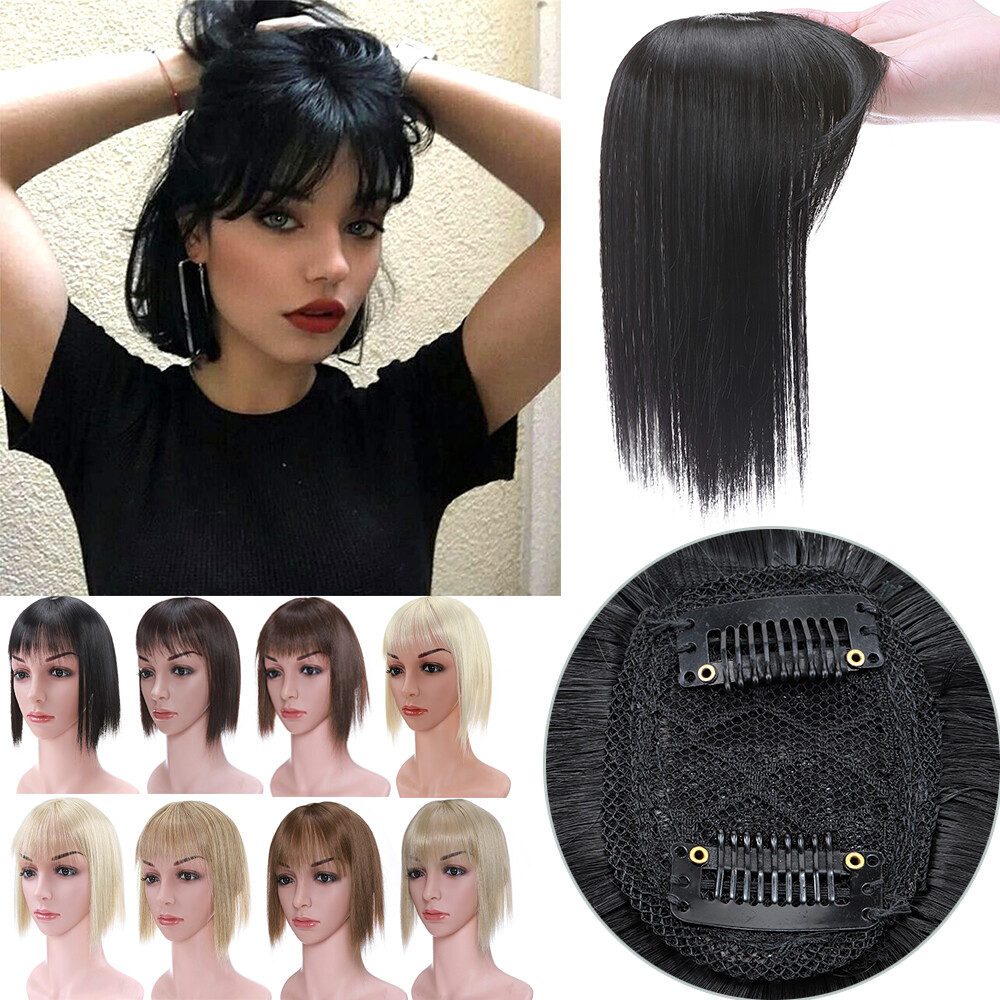 Black 10 inch Short Topper Hairpiece with Bangs Toupee Extension Real as Human
