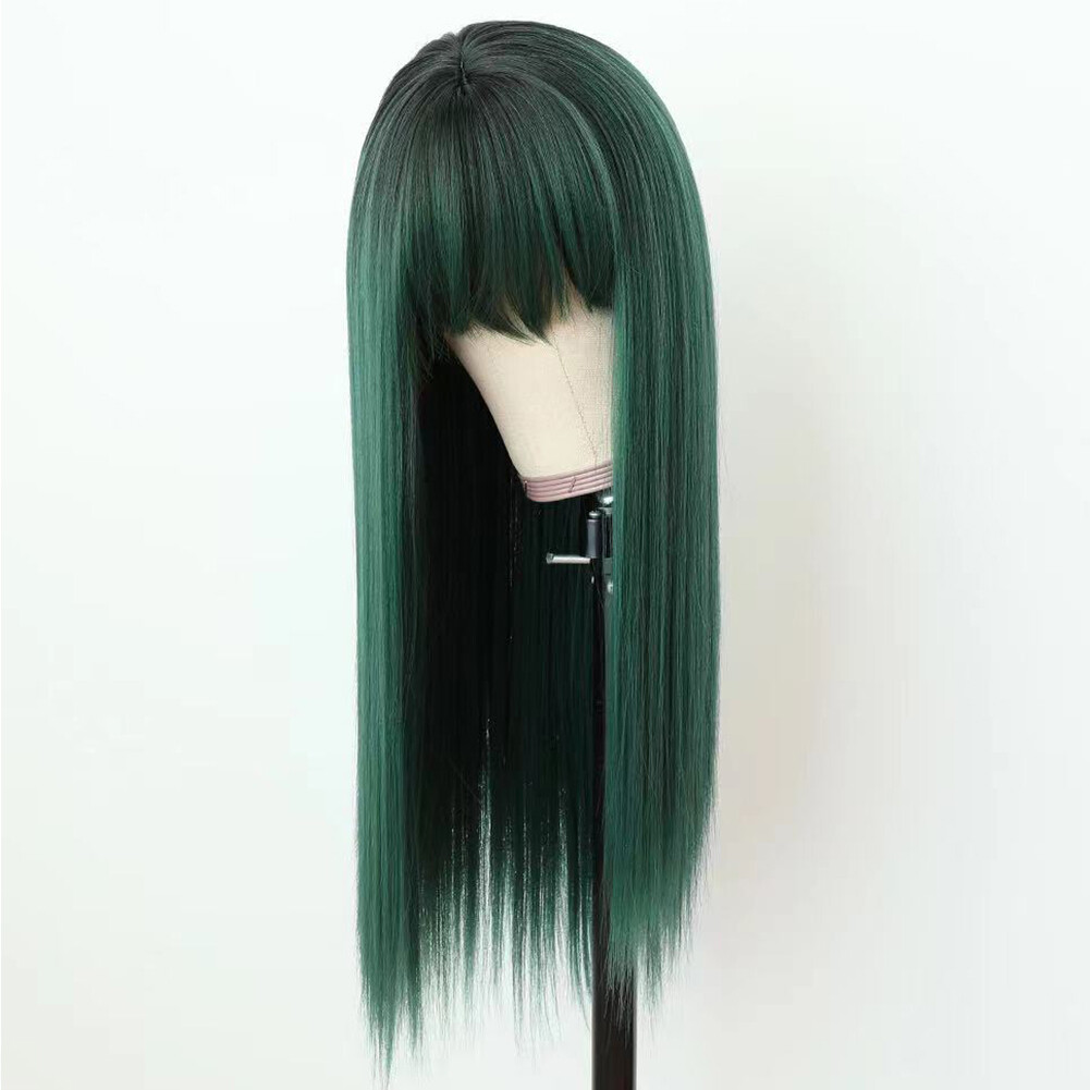 Ombre Green Wigs Full Neat Bangs Long Straight Women Synthetic Fiber Hair Party