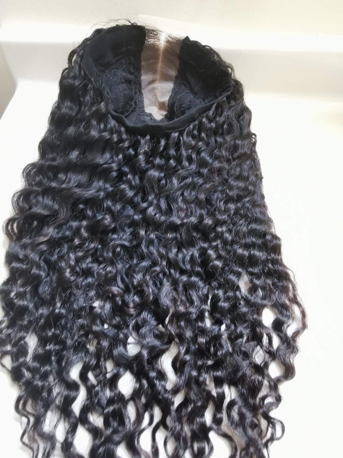 Quality Natural Black Curly Human Hair Glueless Deep Closure Wig 22″ Handmade