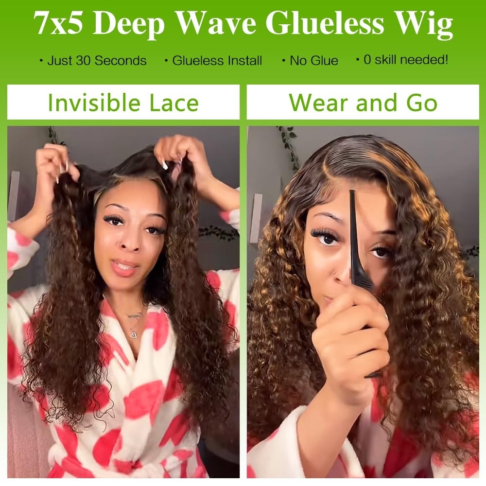 26 Inch Ombre Lace Front Wig – Glueless Human Hair, Pre-Plucked, Deep Wave, 210