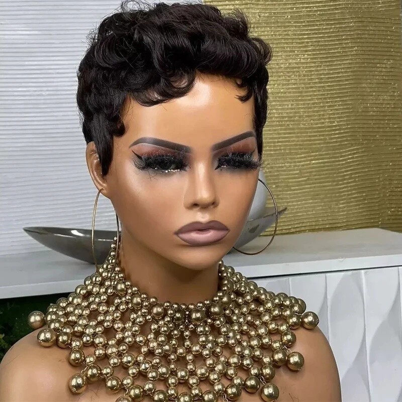Short Black Wave Pixie Cut Wigs Glueless Wigs 100% Human Hair Wig None Lace