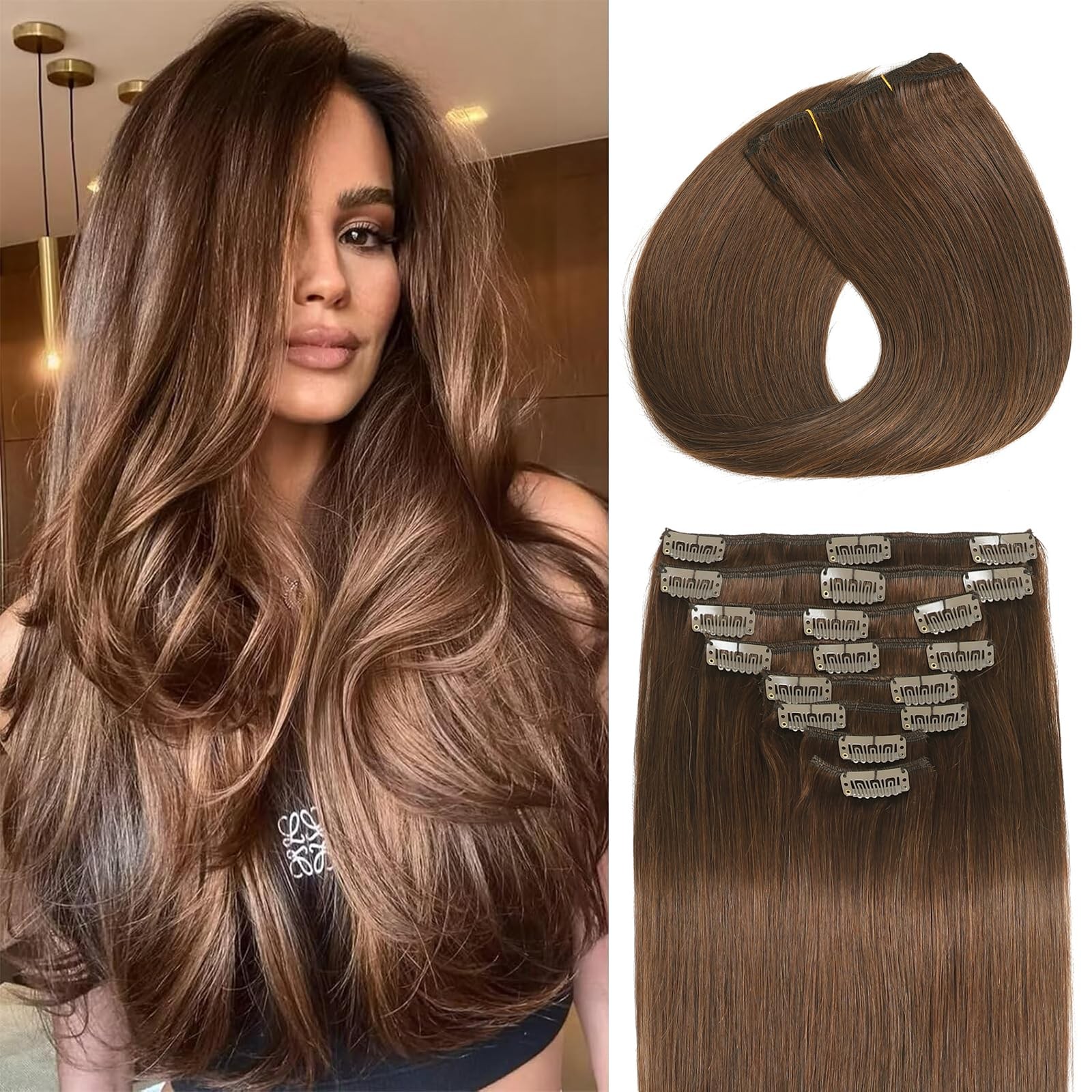 Clip in Hair Extensions Real Human Hair Seamless 8Pcs Double Weft Chocolate Brow