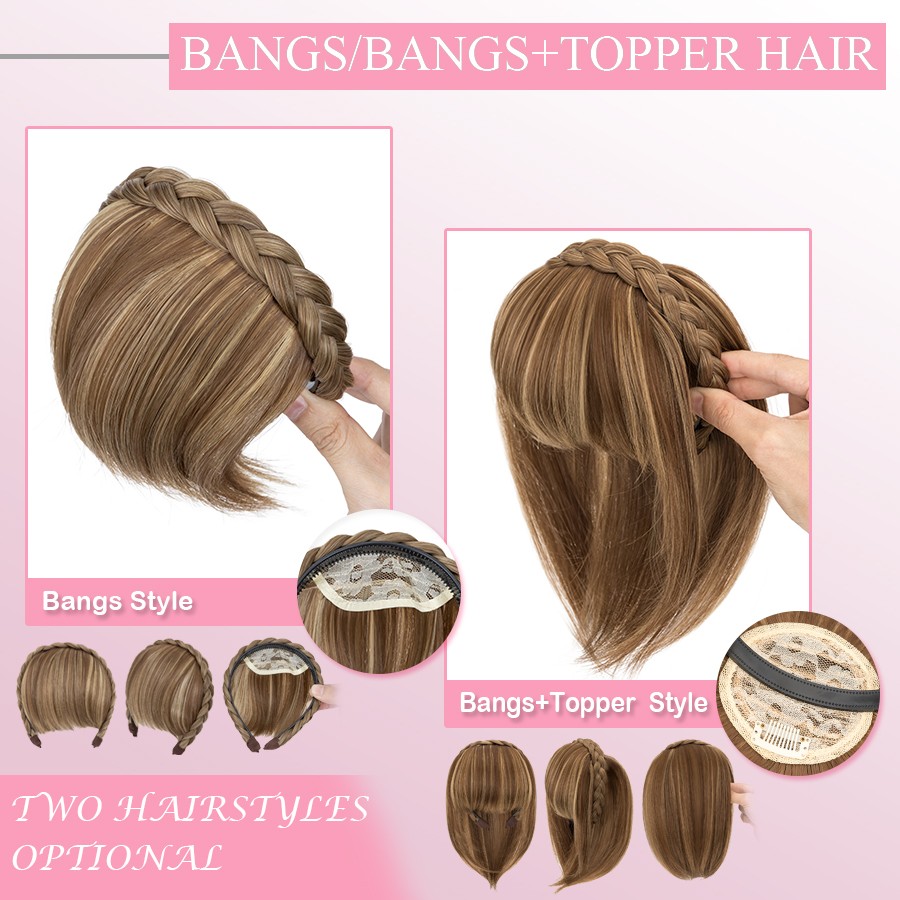 Clip In Bangs Hairpiece Wispy Fringe Headband with Temples Topper Curved Bangs