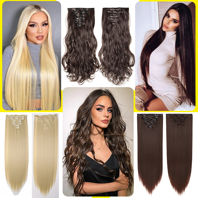 100% Real Natural Clip in Hair Extensions Full Head Thick 8Piece Long Wavy Ombre