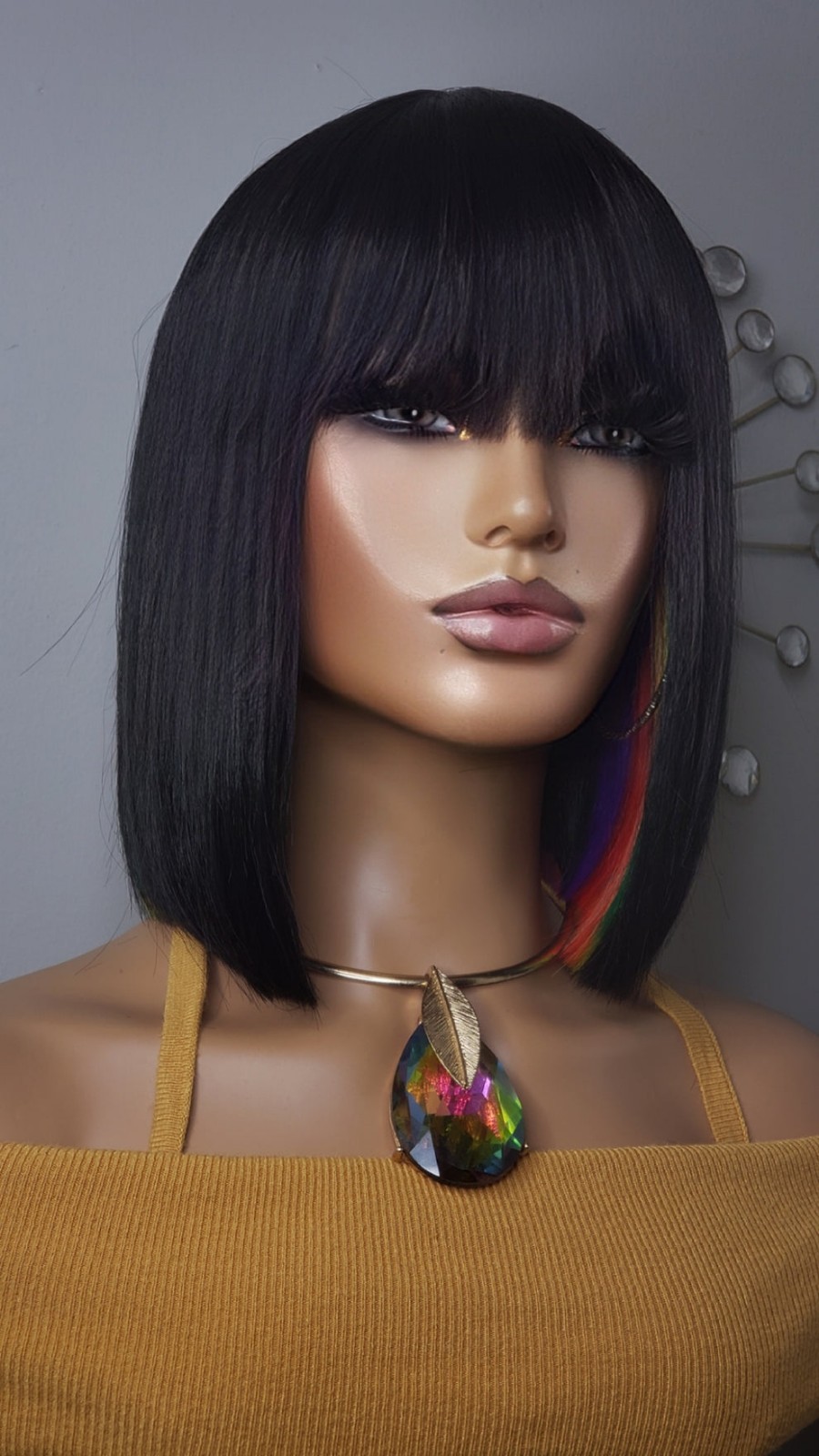 New Short Human Hair Blend Straight Bob Wrap Style Full Cap Wig Black Rainbow