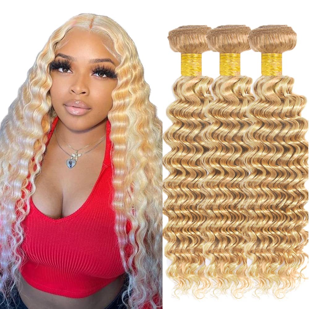 P27/613 Highlight Blonde Bundles Human Hair Deep Wave Bundles 12 14 16 Inch H…