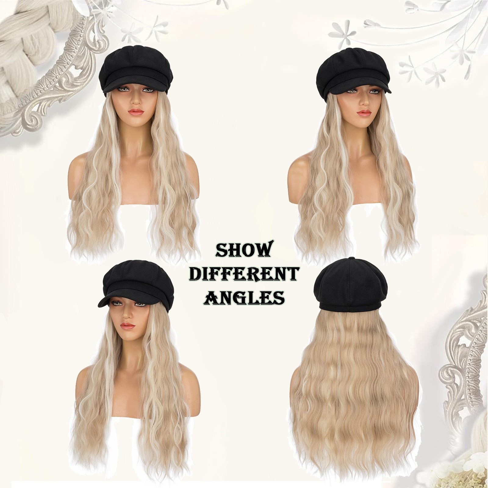 Women Beret Newsboy Hat Cap with 18″ Wavy Synthetic Hair Extensions Hairpiece US