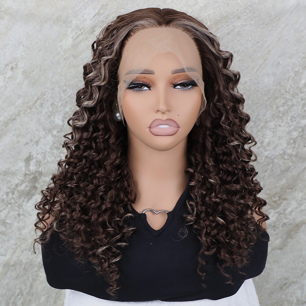 Highlight Blonde Brown Curly Hair Lace Front Wigs Synthetic Pre Plucked Glueless