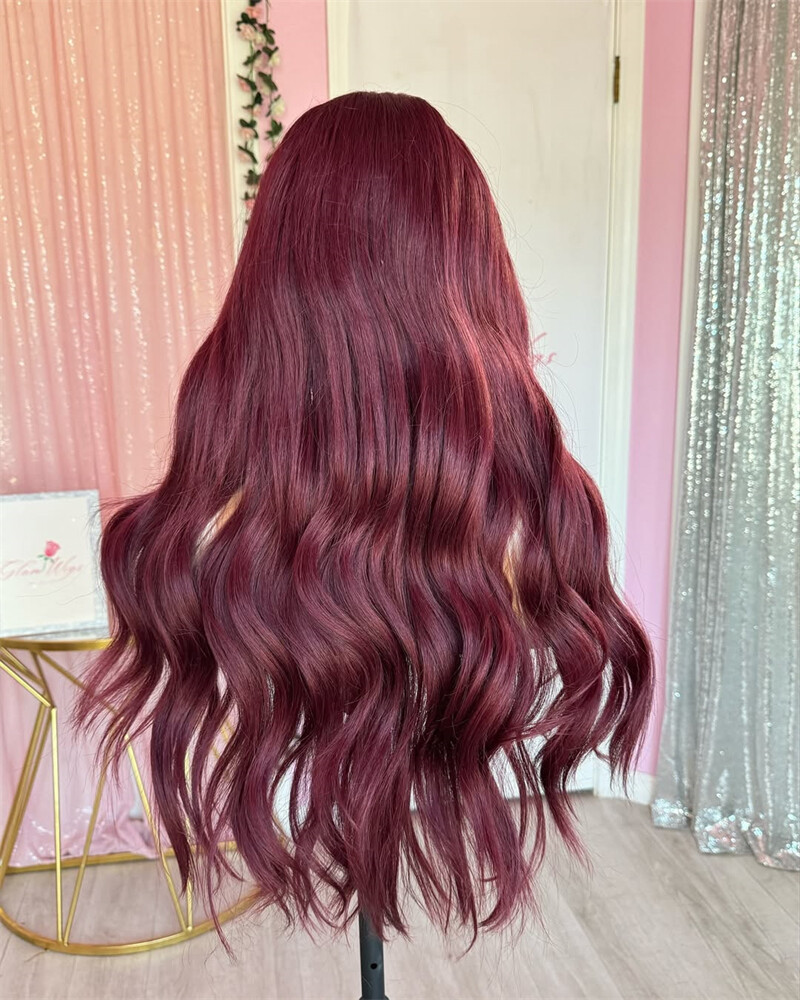 Burgundy Red with Blonde Highlight 13×4 Lace Front Wigs Human Hair Wig Body Wave