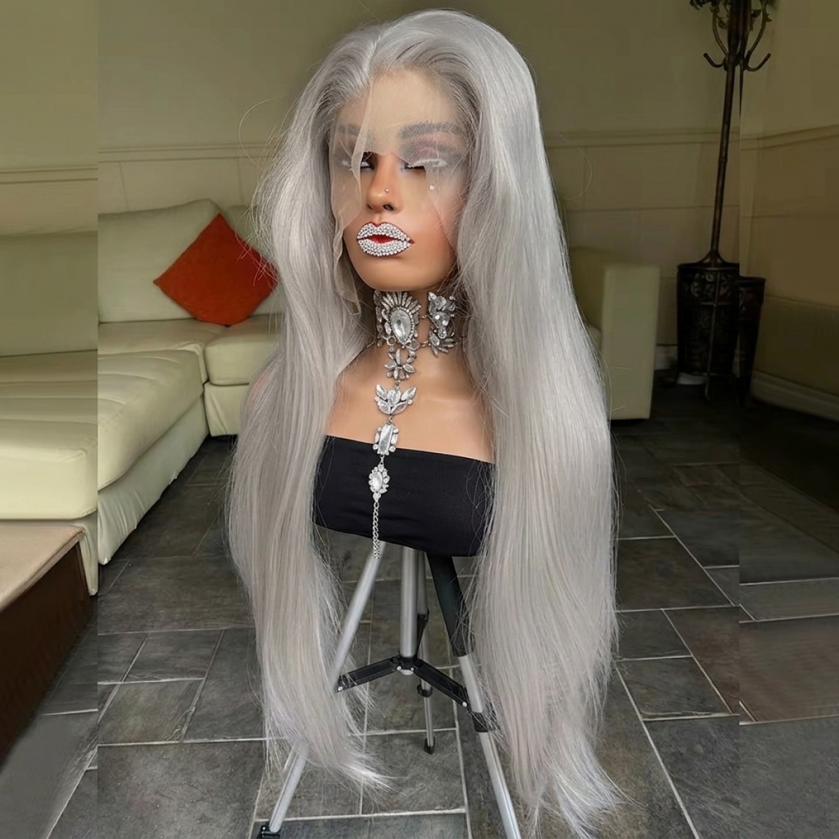 Silver gray Heat Resistant Synthetic Hair Lace Frontal Wig Long Straight