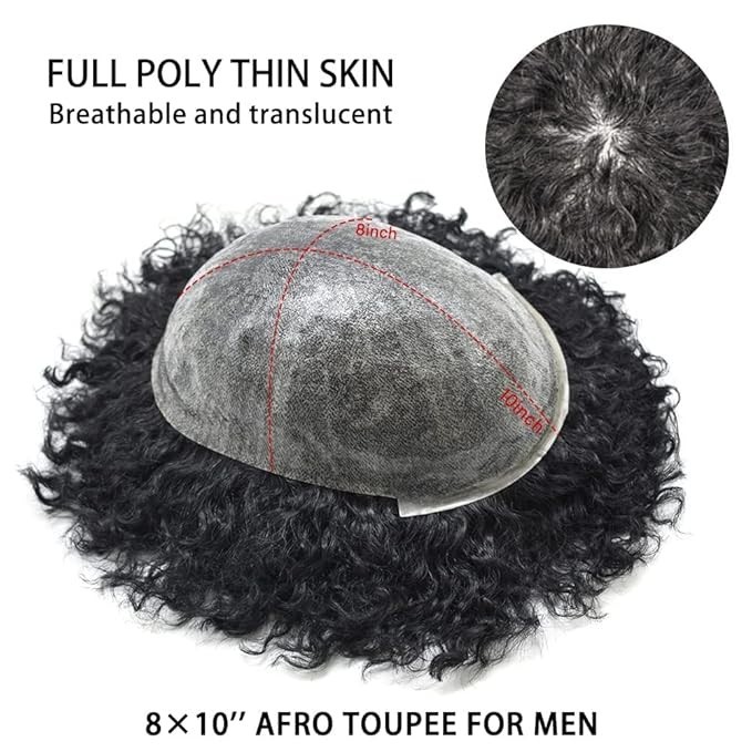 Afro Toupee for Black Men 6MM Curly Brazilian Hair System PU Base 1B Black