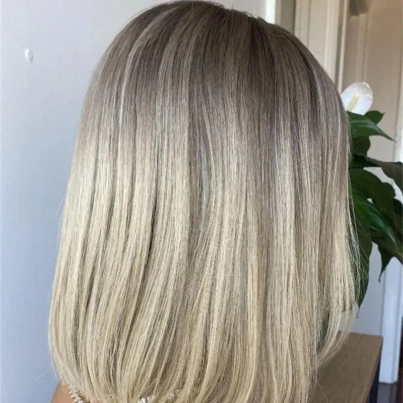 100% Human Hair Ombre Ash Blonde Short Bob Lace Front Wig Brazilain Natural Wigs