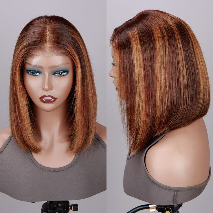 Bob P2/30 Highlight Brown Wig Lace Front Synthetic Short Straight Wig