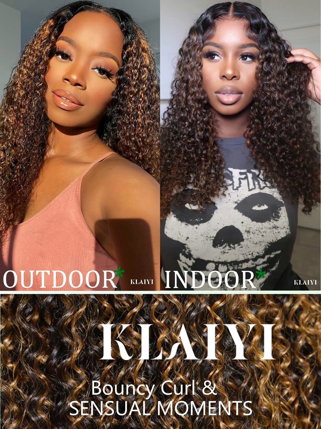 Ombre Brown Curly V Part Human Hair Wig – Glueless Highlight Balayage, 22