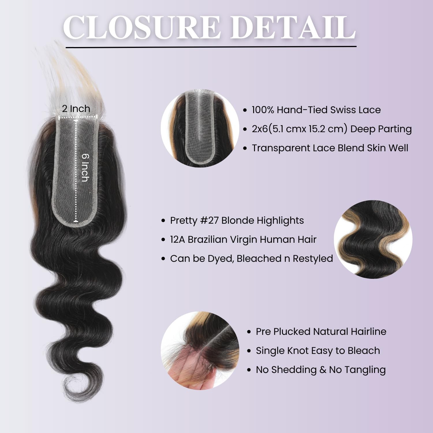 Auroo 27 Skunk Stripe 2X6 Hd Lace Closure Only Human Hair Body Wave 12A Honey