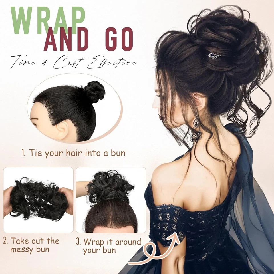 2 PCS Messy Bun Hair Piece Wavy Curly Scrunchies Light Brown Mix Ash Blonde