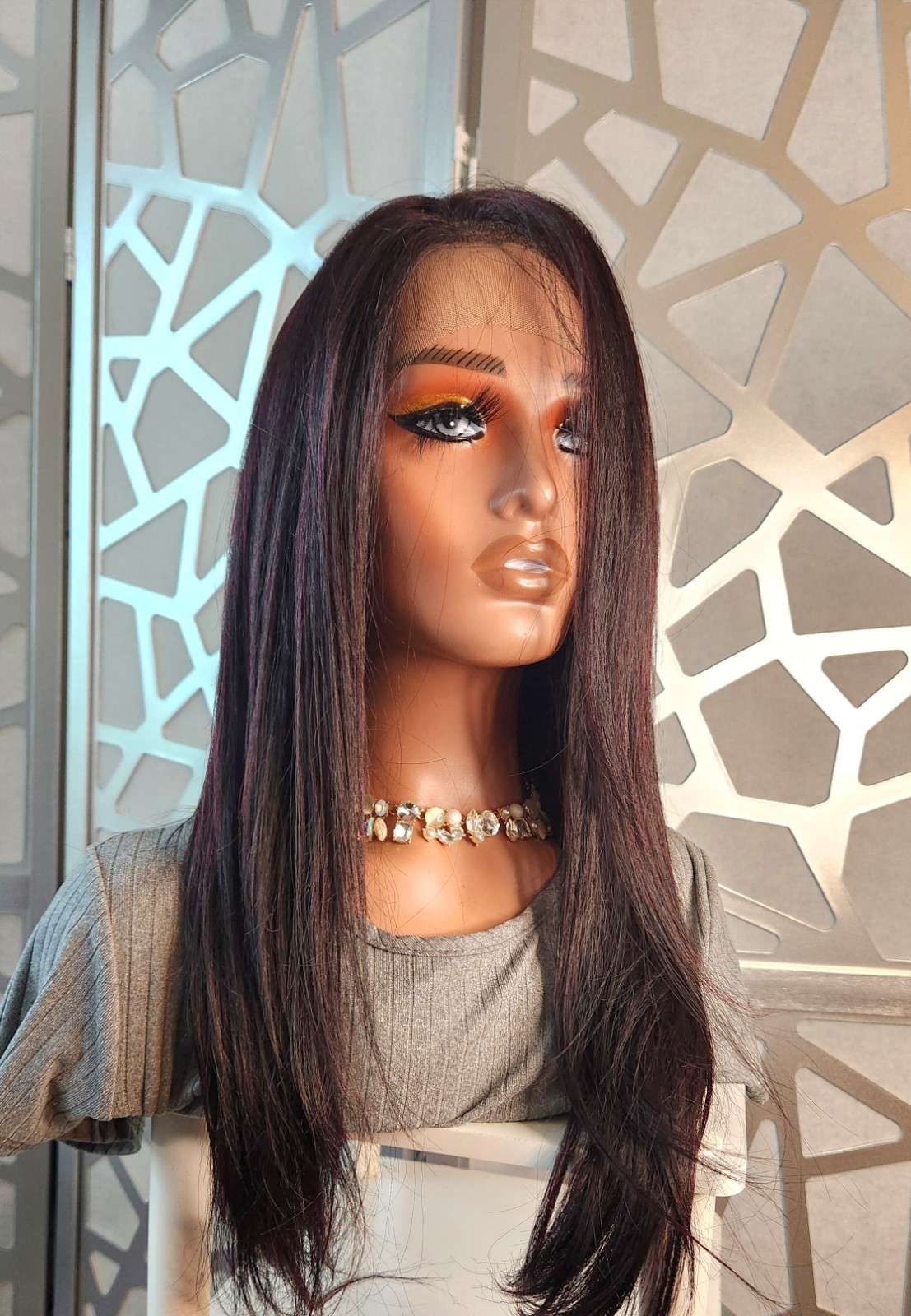 BurgundyvStraight Wig Black Highlights Human Hair Blend 13×4 Lace Front Wig Glue