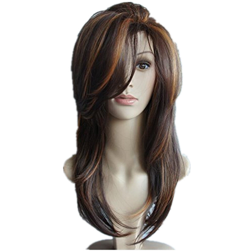 Dark Brown w/Gold Highlight Ombre Shoulder Length Wig Women Synthetic Curly Hair