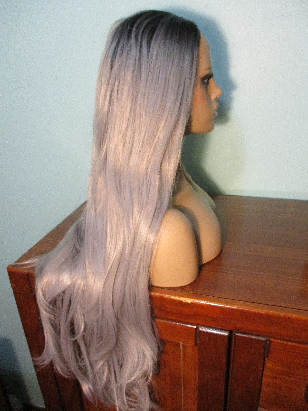 24″ long sleek GRAY with BLACK ROOTS lace front hand tied wig – Miranda