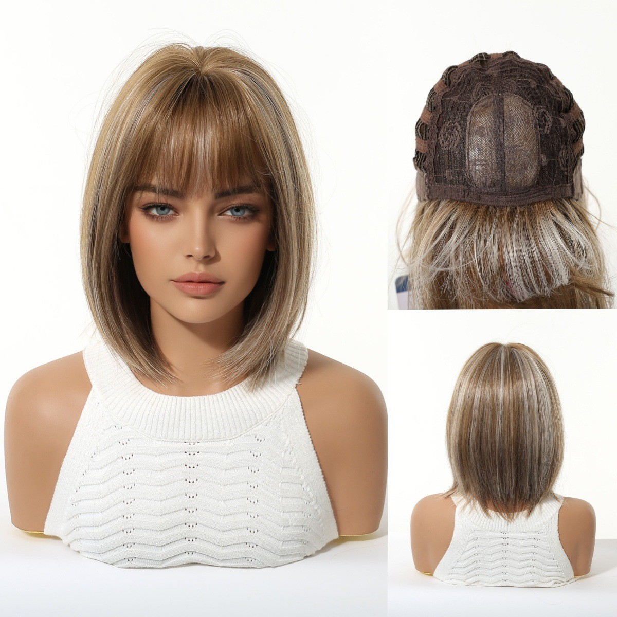 Short Bob Layered Hairstyle Brown Blonde Mix Synthetic Hair Heat Ok Wigs Women