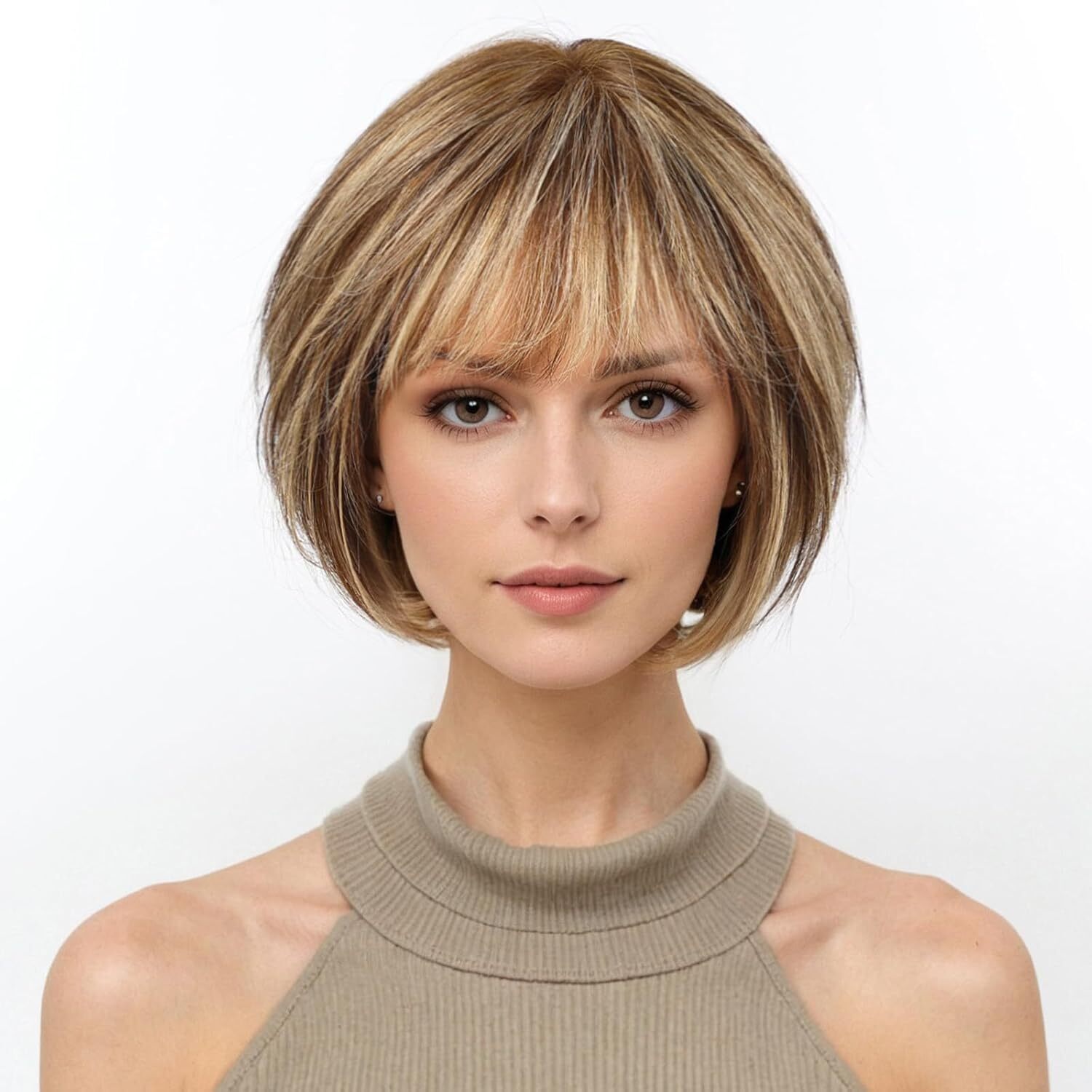 Short Bob Brown Mixed Blonde Wigs for Women 100% Human Hair Wigs with Bangs