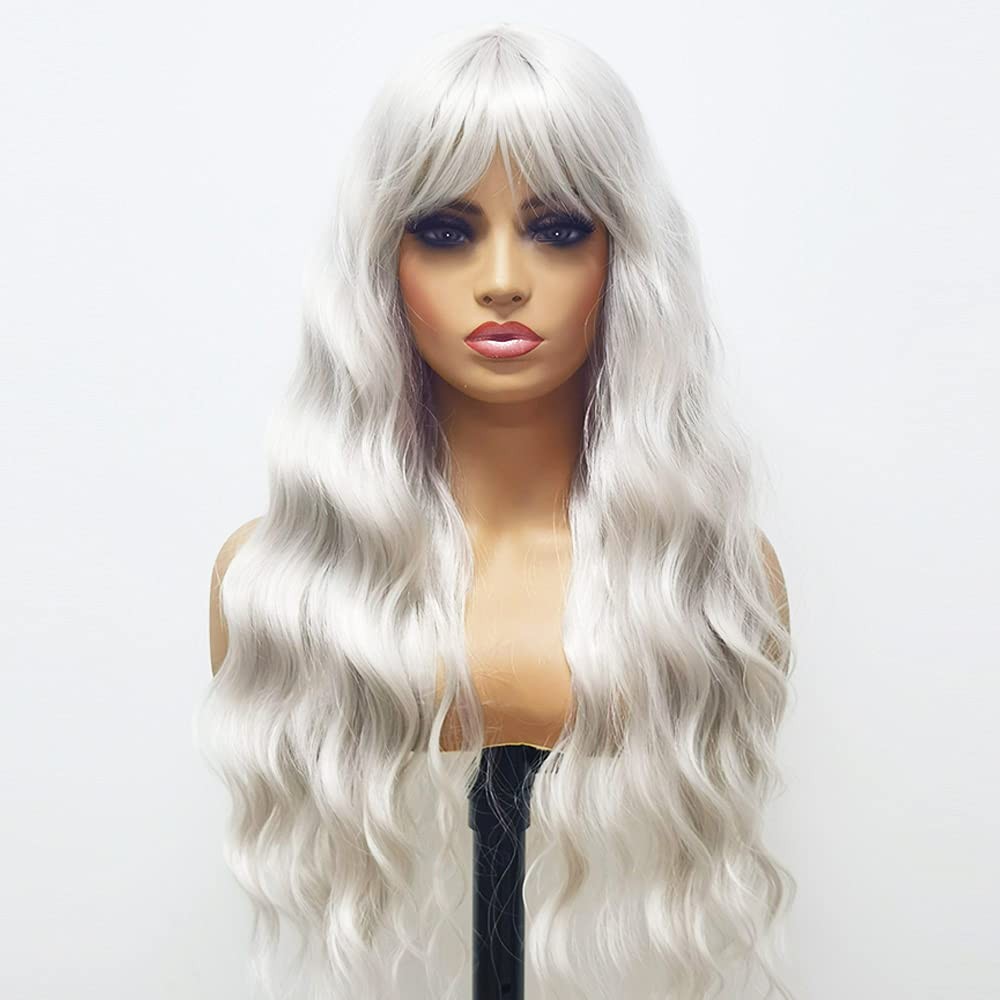 Platinum Blonde Wig with Bangs White Blonde Color Wig Wet and Wavy Long Loose…