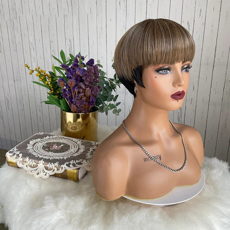 Pixie Cut Wigs with Bangs for Black Women Short Ombre Ash Brown Mixed Black Wigs