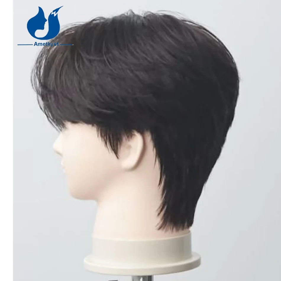 Black Straight Short Pixie Cut Wig for Men Human Hair with Bangs Full Lace Wig