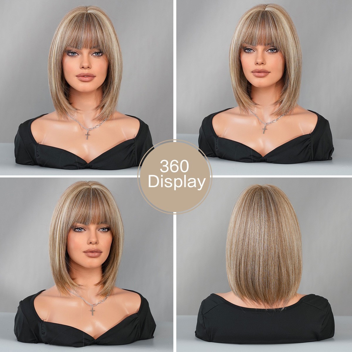 Short Bob Wig Brown Blonde mix Beige Highlight Full Head Fashion Sythenic Wigs