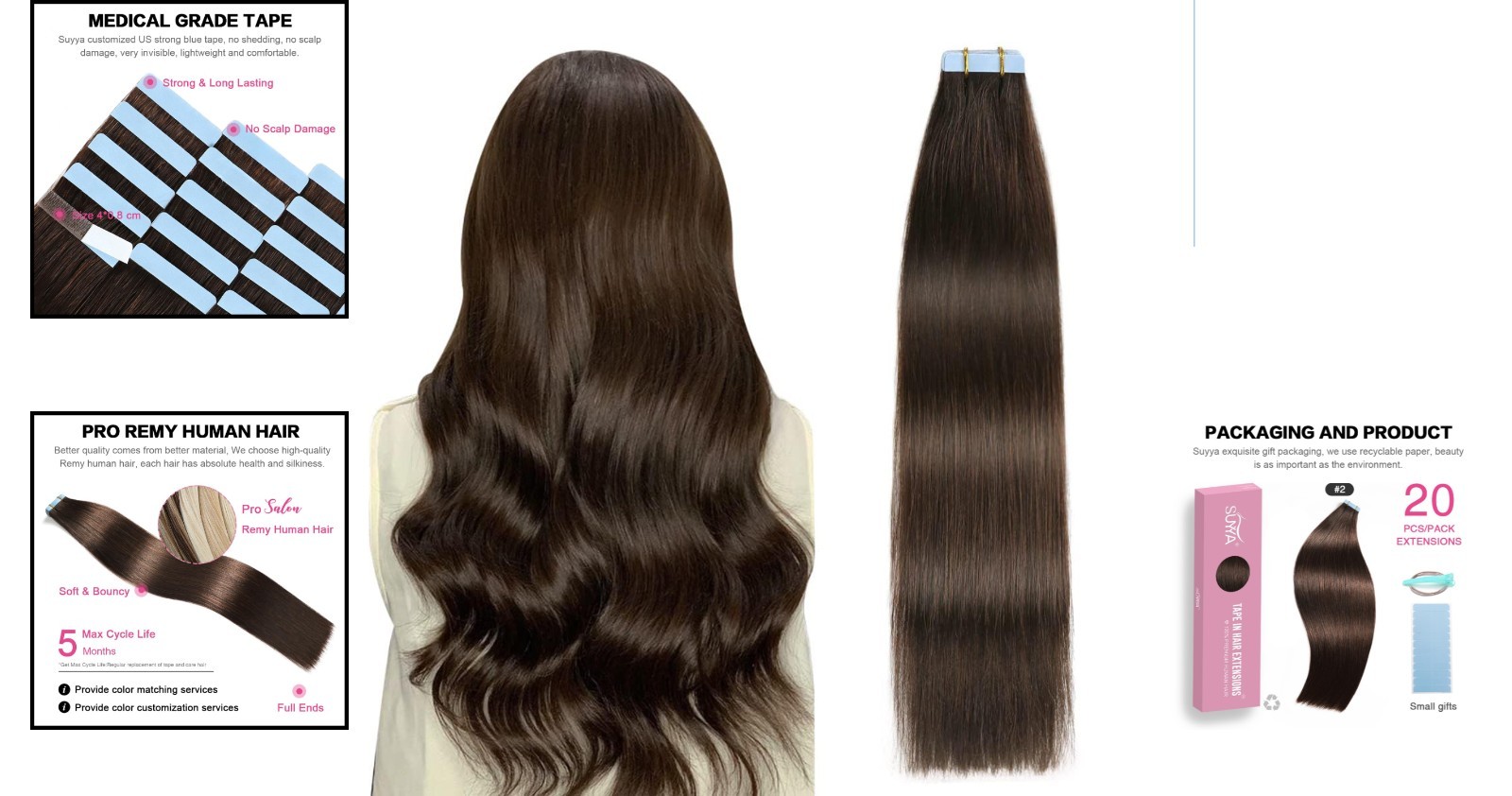 12″ Human Hair Extensions – Darkest Brown Seamless Weft, Easy Install