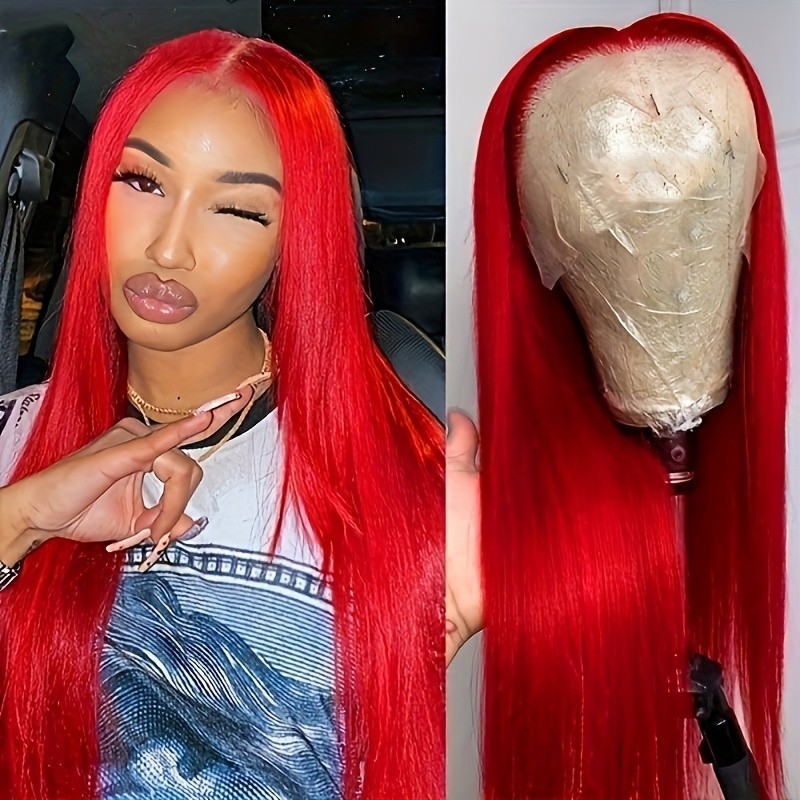 Red Heat Resistant Glueless Frontal Lace Replacement Wigs Pre Plucked Natural