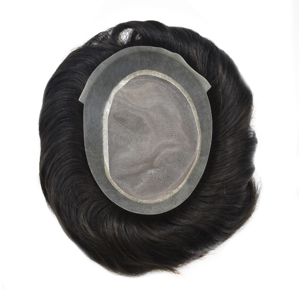 Mens Toupee 100% Human Hair piece Fine Mono Poly Skin Around Wig for Men TS-1