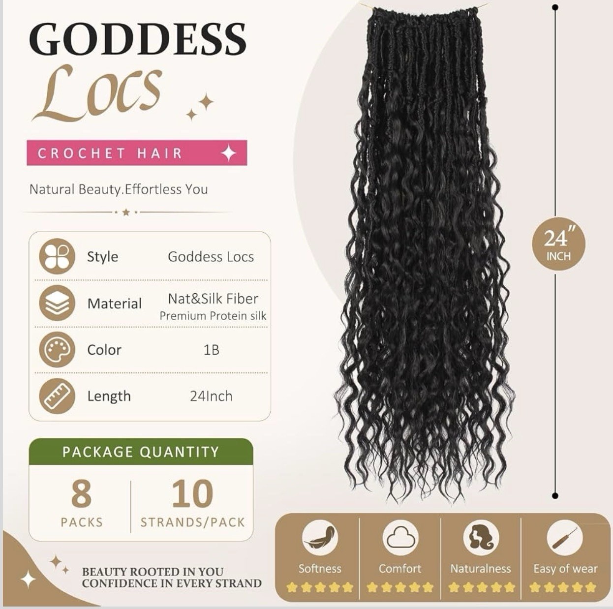 Boho Goddess Locs Crochet Hair 24 In Nat&Silk Fiber Human Hair-Like Feel 1B