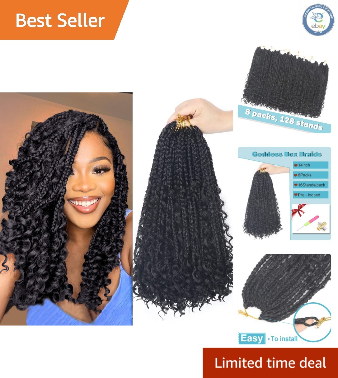 14 Inch Curly End Goddess Box Braids Crochet Hair – 8 Pack Synthetic Extensions