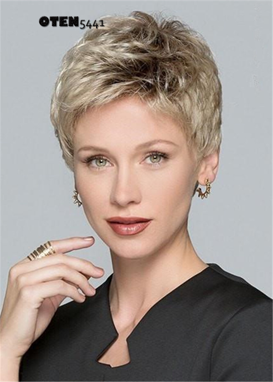 Natural Short Layered Human Hair Blend Heat Ok Blonde Wig For Women 6 Inches