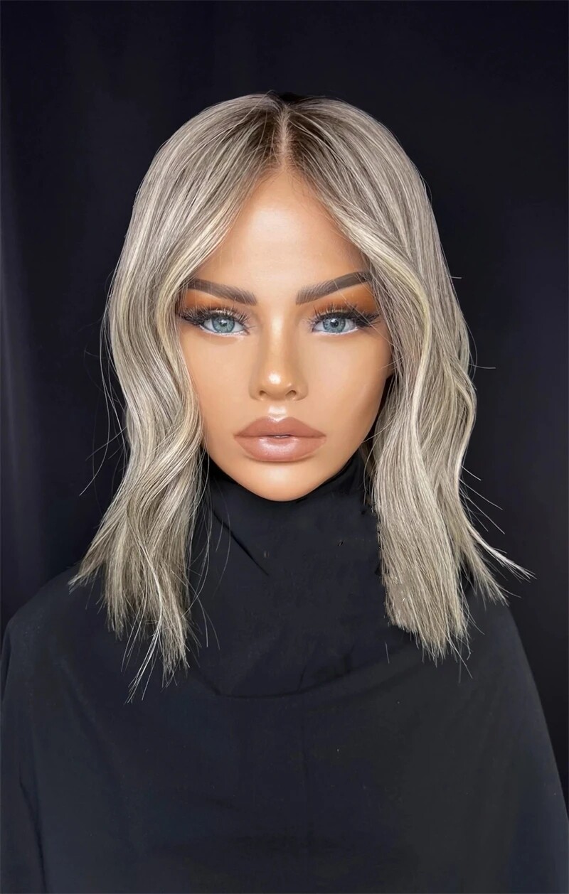 Short Bob Wave Ash Blonde Highlights Colored Remy Human Hair 13×4 Lace Front Wig
