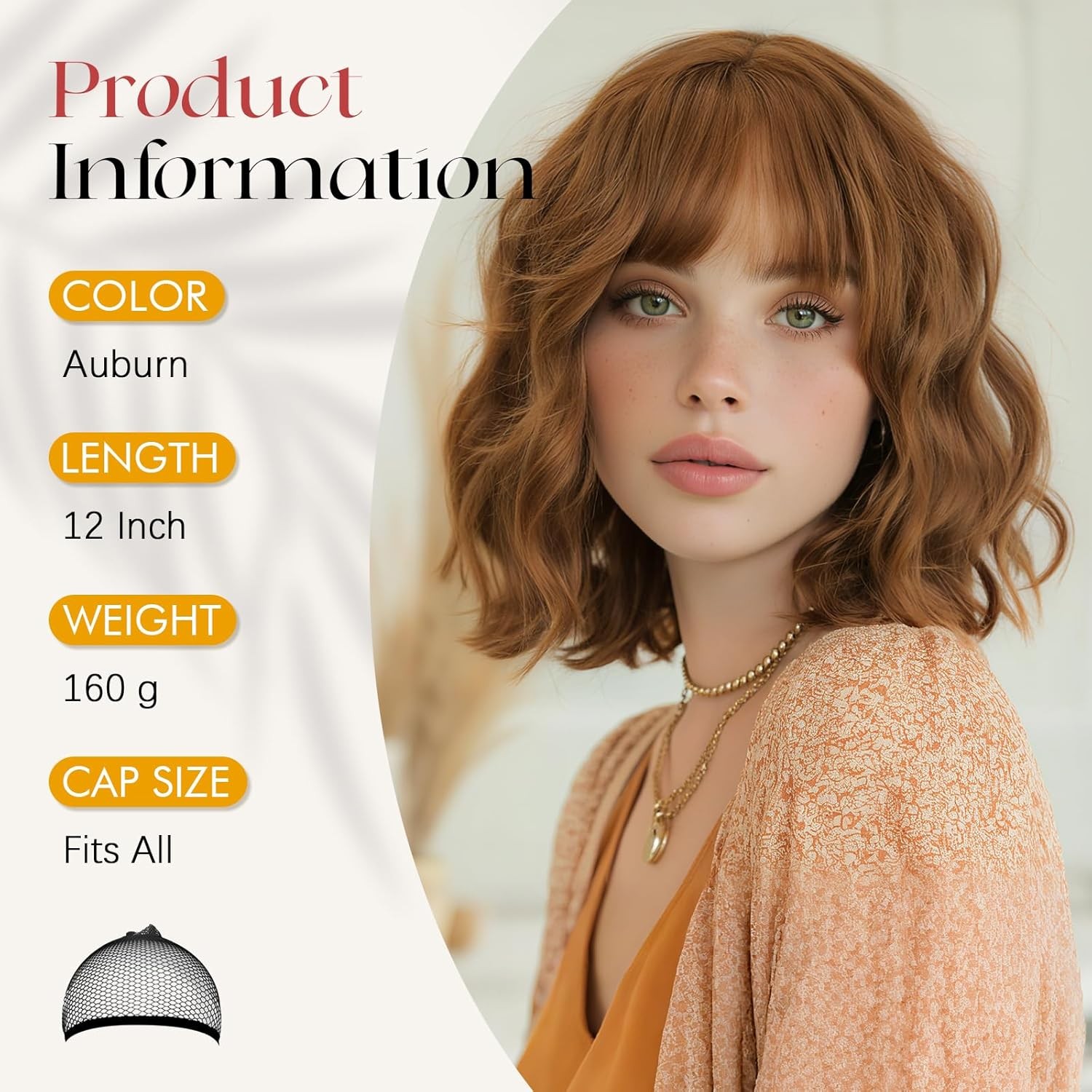 Dark Ginger Short 12 Inch Curly Auburn Wig with Bangs for Women Ginger Hair Wigs
